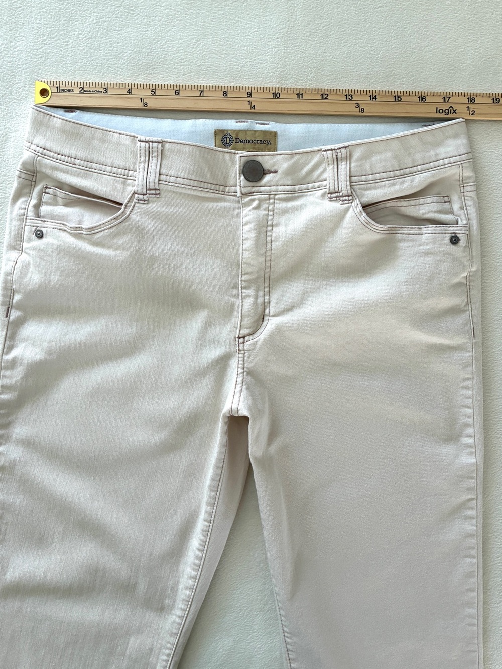 Democracy Cropped Jeans 16 Cream Ivory Straight Leg Stretch Raw Frayed Hem Denim - Picture 8 of 14